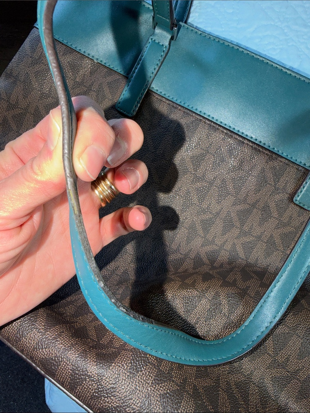 Michael Kors Brown Tote with Teal and White Center Stripe - Picture 13 of 13